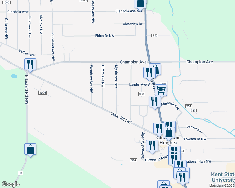 map of restaurants, bars, coffee shops, grocery stores, and more near 4785 Damon Avenue Northwest in Warren