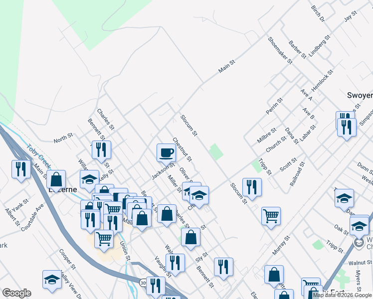 map of restaurants, bars, coffee shops, grocery stores, and more near 147 Jackson St in Swoyersville