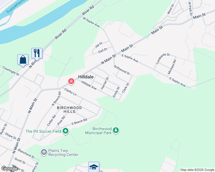 map of restaurants, bars, coffee shops, grocery stores, and more near 73-74 Hilldale Ave in Wilkes-Barre