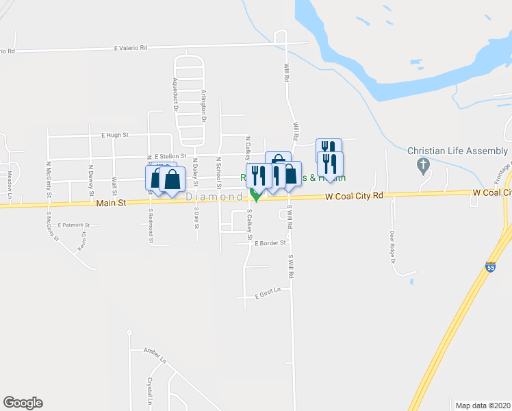 map of restaurants, bars, coffee shops, grocery stores, and more near 2525 East Division Street in Diamond