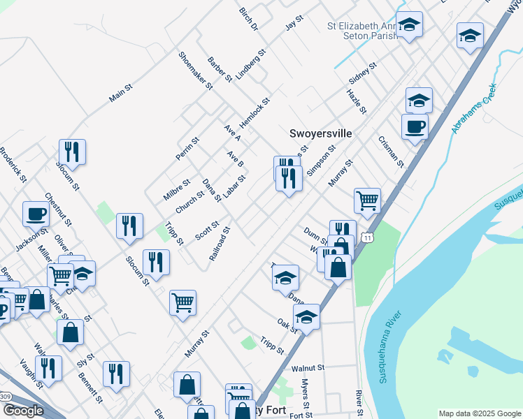 map of restaurants, bars, coffee shops, grocery stores, and more near Wesley Street in Swoyersville
