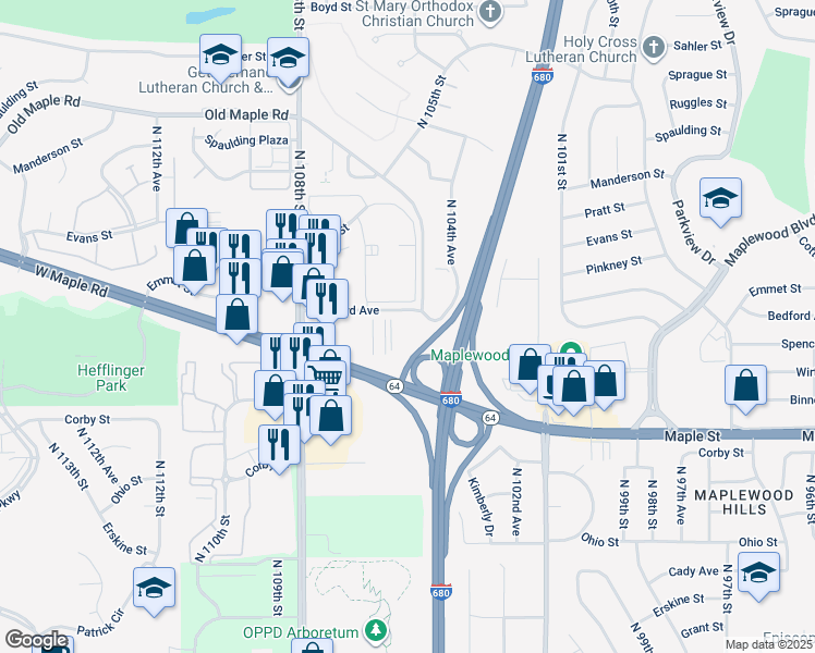 map of restaurants, bars, coffee shops, grocery stores, and more near 10503 Bedford Avenue in Omaha