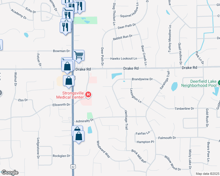 map of restaurants, bars, coffee shops, grocery stores, and more near 17972 Heritage Trail in Strongsville