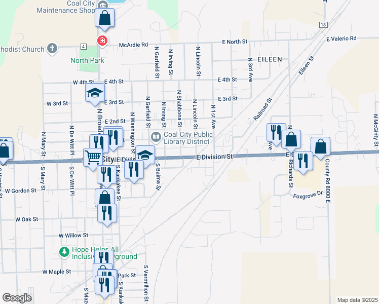 map of restaurants, bars, coffee shops, grocery stores, and more near 545 East 1st Street in Coal City