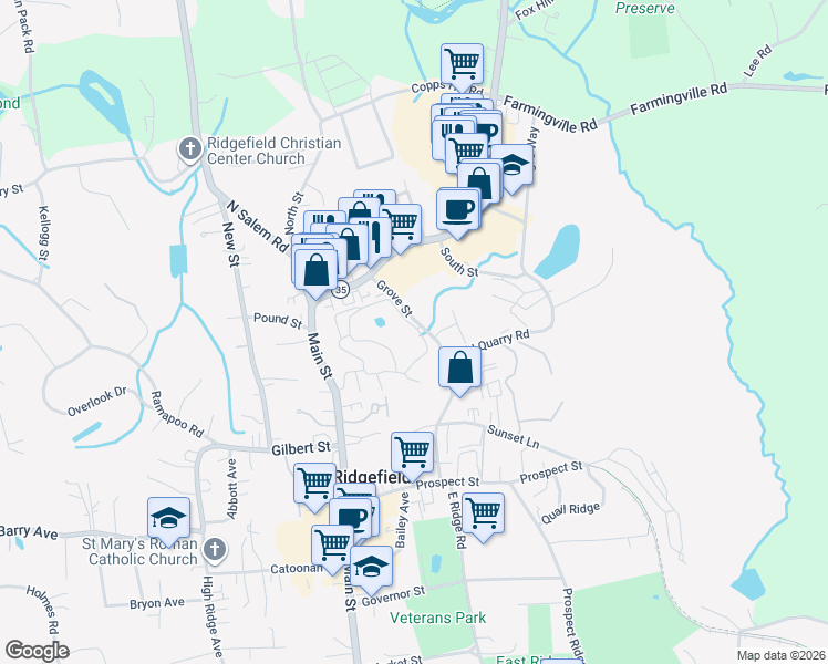 map of restaurants, bars, coffee shops, grocery stores, and more near 23 Olcott Way in Ridgefield