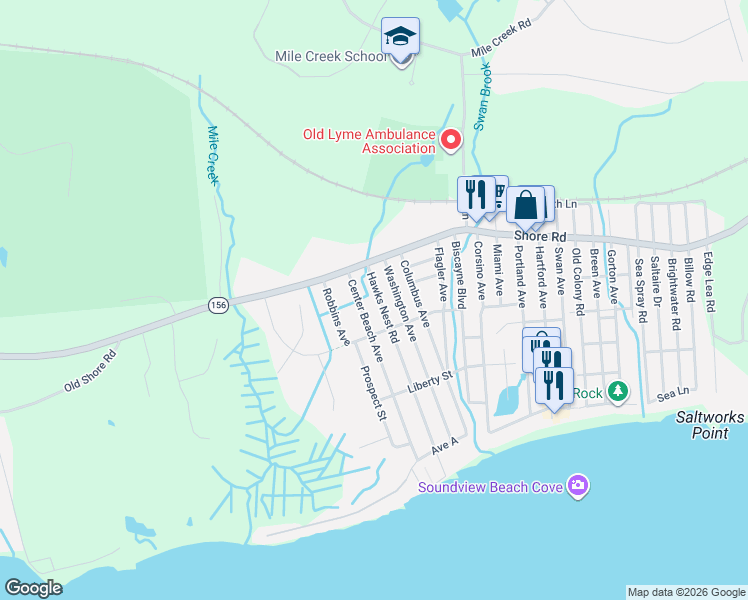 map of restaurants, bars, coffee shops, grocery stores, and more near 8 Hawks Nest Road in Old Lyme