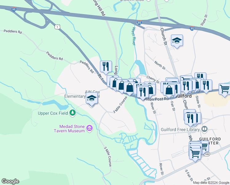 map of restaurants, bars, coffee shops, grocery stores, and more near 10 Long Hill Road in Guilford