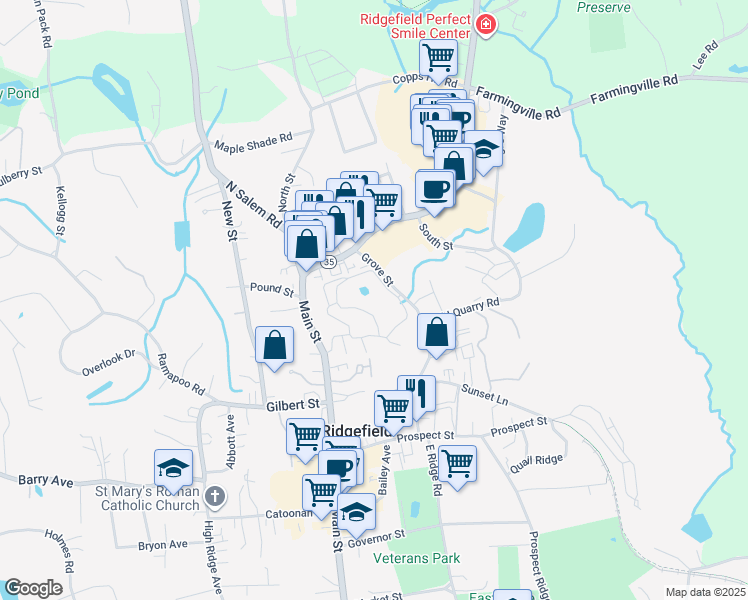 map of restaurants, bars, coffee shops, grocery stores, and more near in Ridgefield