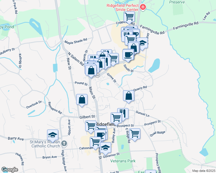 map of restaurants, bars, coffee shops, grocery stores, and more near 60 Olcott Way in Ridgefield