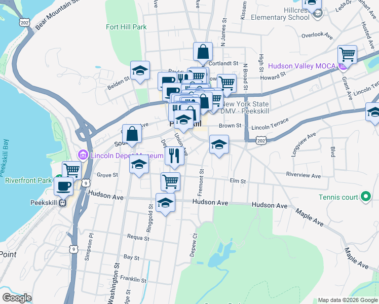 map of restaurants, bars, coffee shops, grocery stores, and more near 921 1st Street in Peekskill