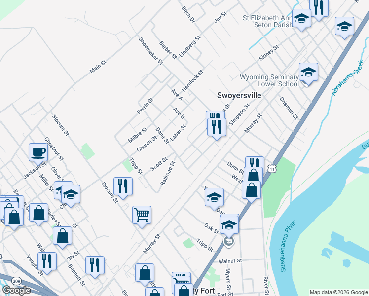 map of restaurants, bars, coffee shops, grocery stores, and more near 88 Watkins Street in Swoyersville
