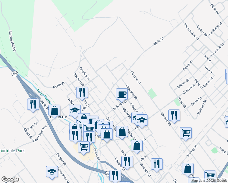 map of restaurants, bars, coffee shops, grocery stores, and more near 203-249 Oliver Street in Swoyersville