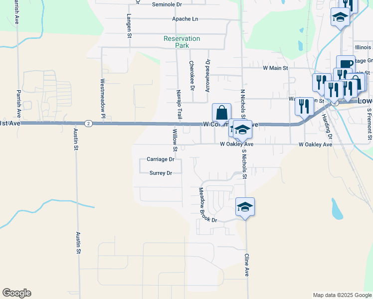 map of restaurants, bars, coffee shops, grocery stores, and more near 631 West Commercial Avenue in Lowell
