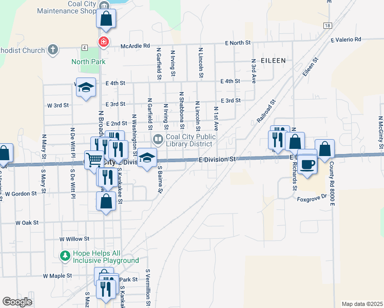 map of restaurants, bars, coffee shops, grocery stores, and more near 545 East 1st Street in Coal City