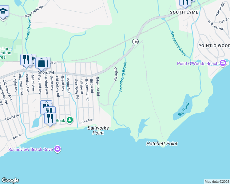 map of restaurants, bars, coffee shops, grocery stores, and more near 10 Cutler Road in Old Lyme