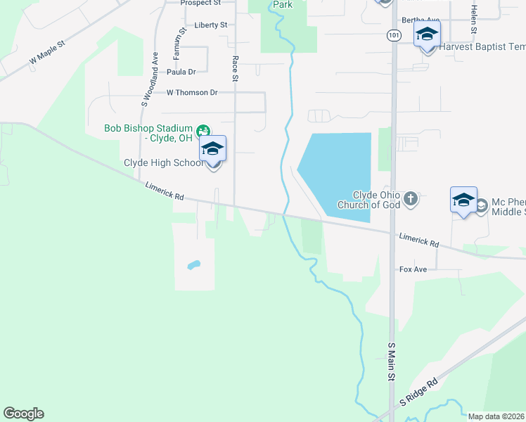 map of restaurants, bars, coffee shops, grocery stores, and more near County Road 197 in Clyde