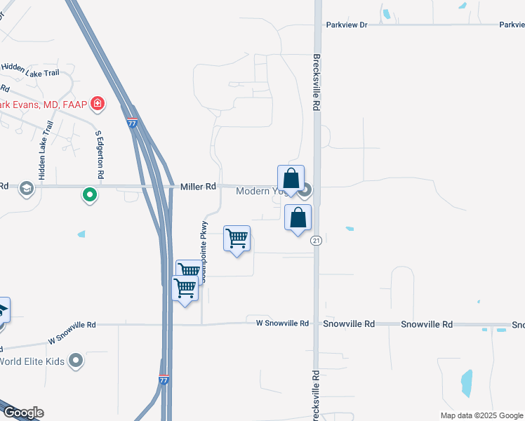 map of restaurants, bars, coffee shops, grocery stores, and more near 6896 Miller Road in Brecksville