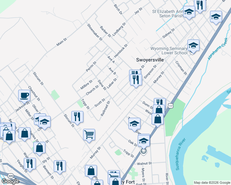 map of restaurants, bars, coffee shops, grocery stores, and more near 88 Watkins Street in Swoyersville