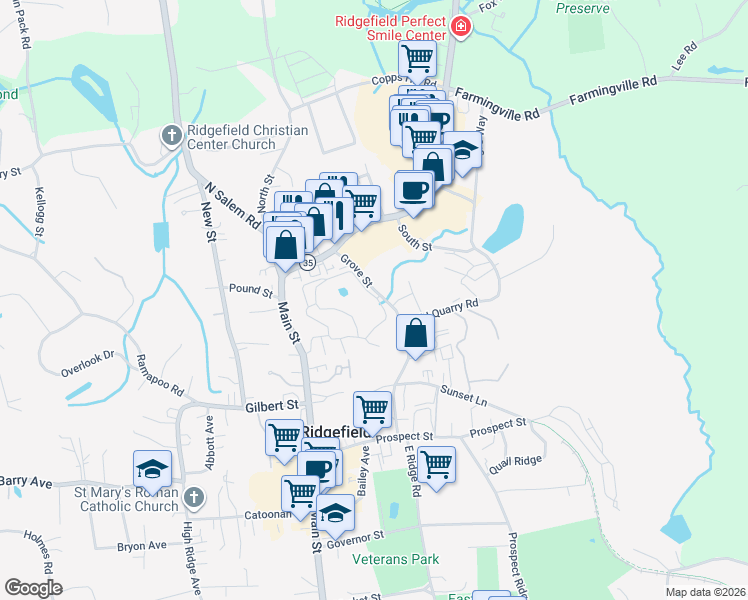 map of restaurants, bars, coffee shops, grocery stores, and more near 80 Grove Street in Ridgefield