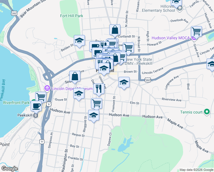 map of restaurants, bars, coffee shops, grocery stores, and more near 921 1st Street in Peekskill