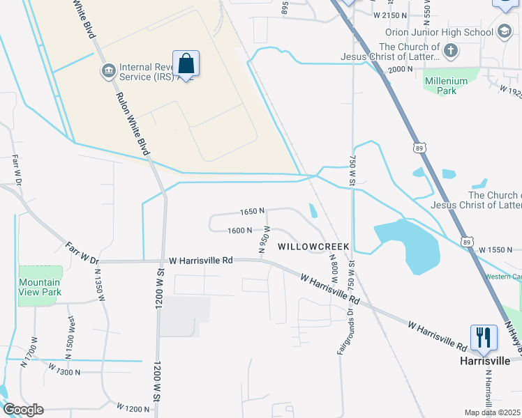 map of restaurants, bars, coffee shops, grocery stores, and more near 958 1650 North in Harrisville