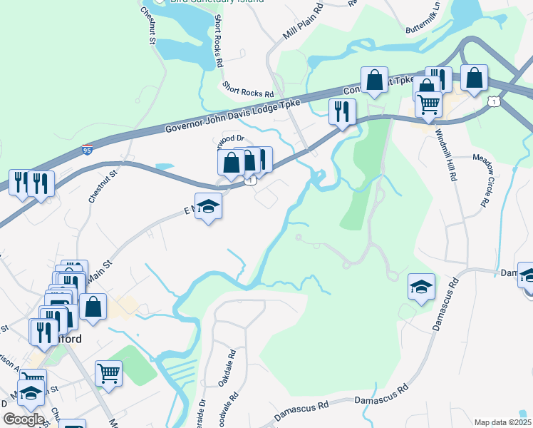 map of restaurants, bars, coffee shops, grocery stores, and more near 211 East Main Street in Branford