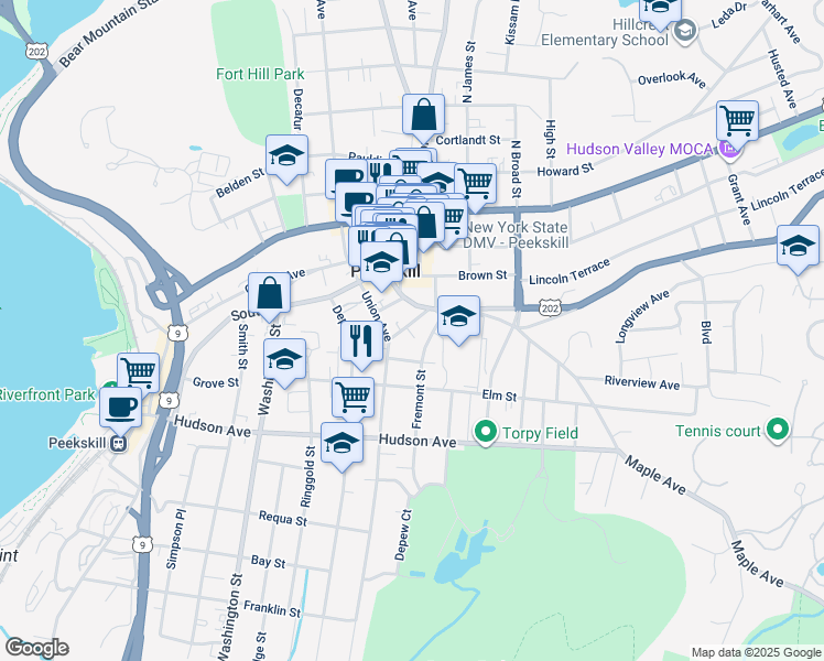 map of restaurants, bars, coffee shops, grocery stores, and more near 923 2nd Street in Peekskill