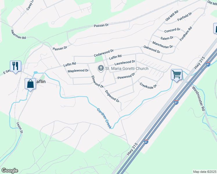 map of restaurants, bars, coffee shops, grocery stores, and more near 98 Elmwood Drive in Wilkes-Barre