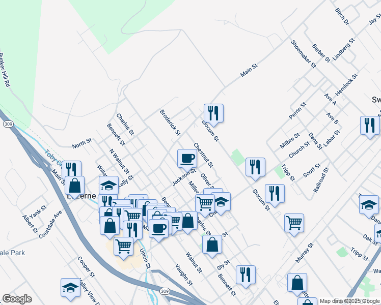 map of restaurants, bars, coffee shops, grocery stores, and more near 193 Oliver Street in Kingston