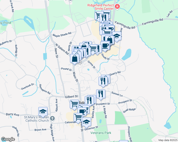 map of restaurants, bars, coffee shops, grocery stores, and more near 62 Lawson Lane in Ridgefield