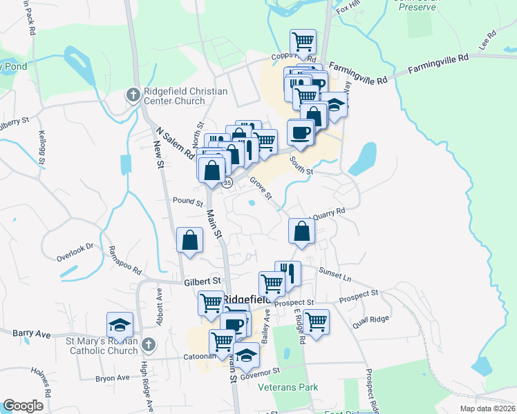 map of restaurants, bars, coffee shops, grocery stores, and more near in Ridgefield