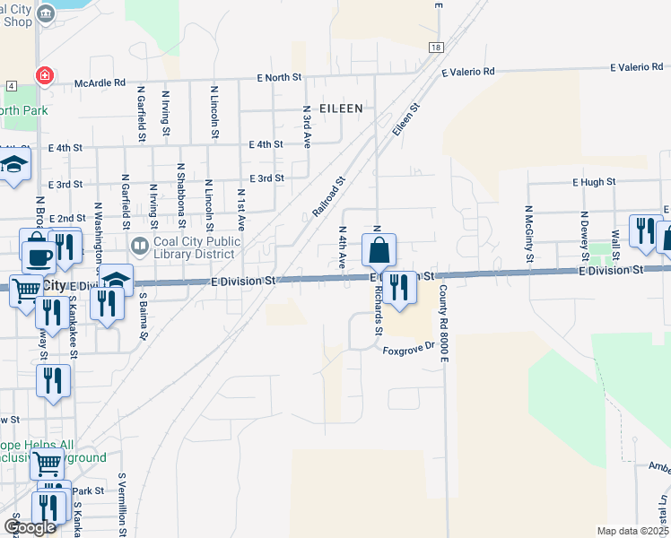map of restaurants, bars, coffee shops, grocery stores, and more near 845 East 1st Street in Coal City