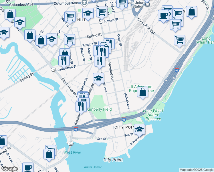 map of restaurants, bars, coffee shops, grocery stores, and more near 391 Greenwich Avenue in New Haven