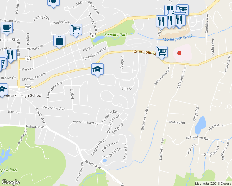 map of restaurants, bars, coffee shops, grocery stores, and more near 38 Bleakley Drive in Peekskill