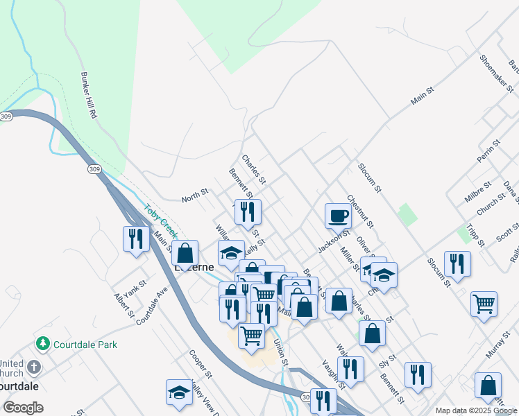 map of restaurants, bars, coffee shops, grocery stores, and more near 201-209 Bishop Ln in Luzerne