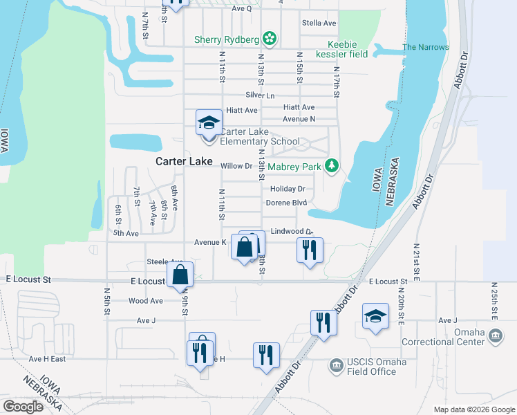 map of restaurants, bars, coffee shops, grocery stores, and more near 1301 Holiday Drive in Carter Lake