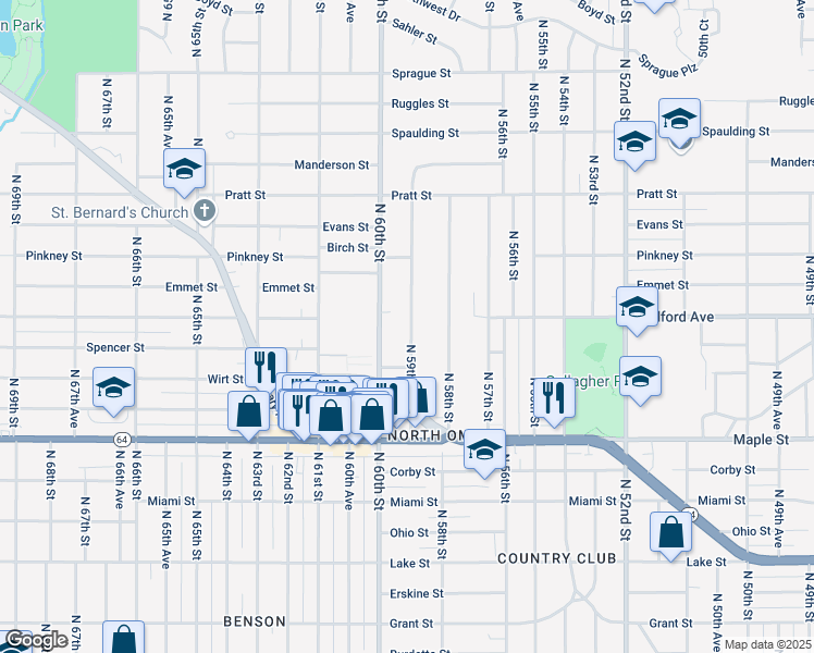 map of restaurants, bars, coffee shops, grocery stores, and more near 3315 North 59th Street in Omaha