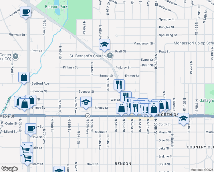 map of restaurants, bars, coffee shops, grocery stores, and more near 6504 Bedford Avenue in Omaha