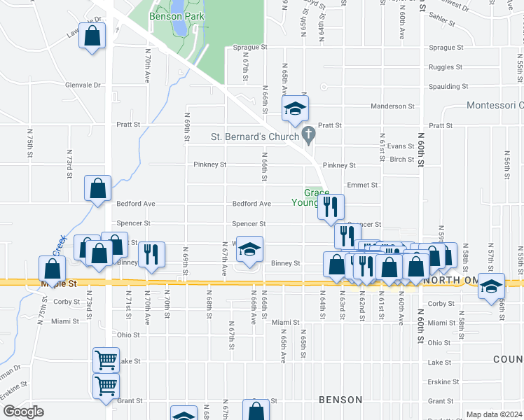 map of restaurants, bars, coffee shops, grocery stores, and more near 6614 Bedford Avenue in Omaha