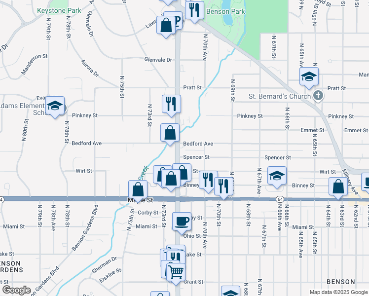 map of restaurants, bars, coffee shops, grocery stores, and more near 3300-3318 North 72nd Street in Omaha