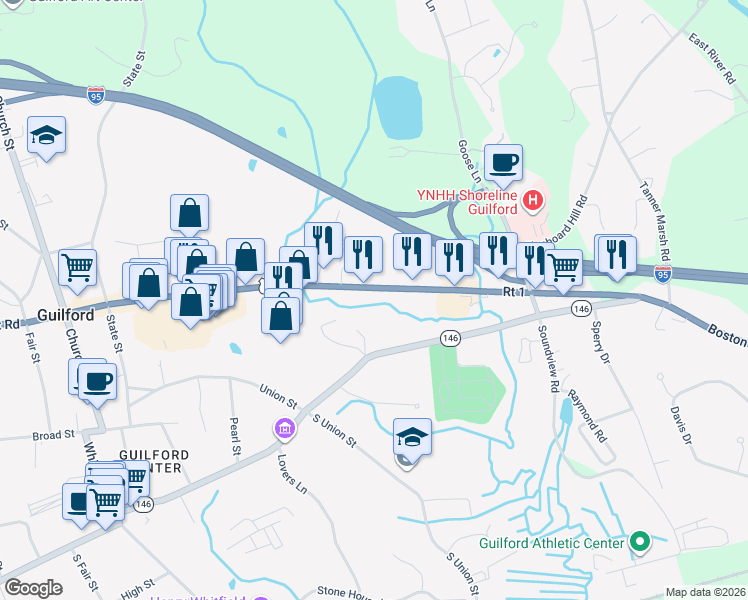 map of restaurants, bars, coffee shops, grocery stores, and more near 652 Boston Post Road in Guilford