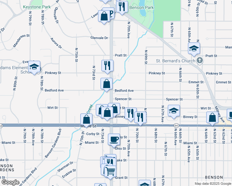 map of restaurants, bars, coffee shops, grocery stores, and more near 3300-3318 North 72nd Street in Omaha