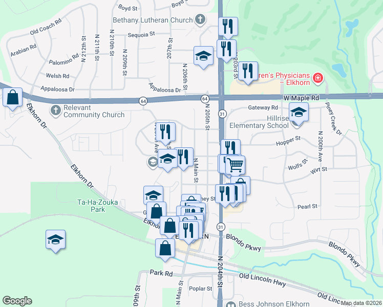 map of restaurants, bars, coffee shops, grocery stores, and more near 3332 North Main Street in Omaha