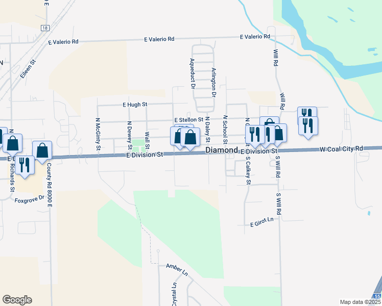 map of restaurants, bars, coffee shops, grocery stores, and more near 0 North Tinman Street in Diamond