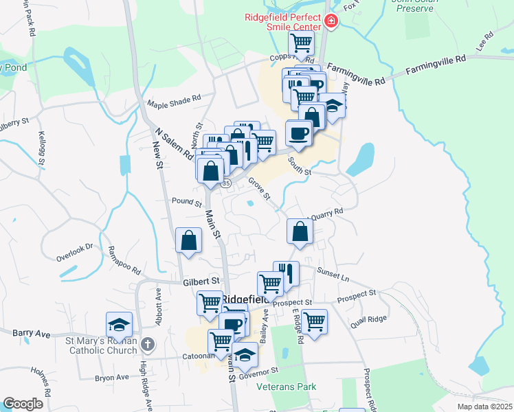 map of restaurants, bars, coffee shops, grocery stores, and more near in Ridgefield