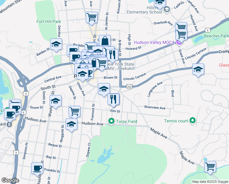 map of restaurants, bars, coffee shops, grocery stores, and more near 413 South Division Street in Peekskill