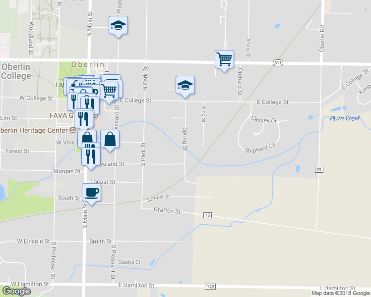 map of restaurants, bars, coffee shops, grocery stores, and more near 117 Spring Street in Oberlin