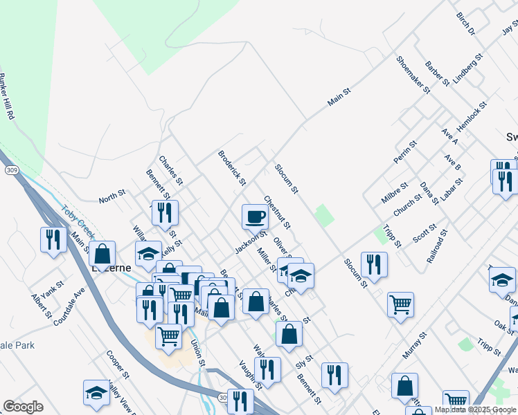 map of restaurants, bars, coffee shops, grocery stores, and more near 203 Oliver Street in Kingston