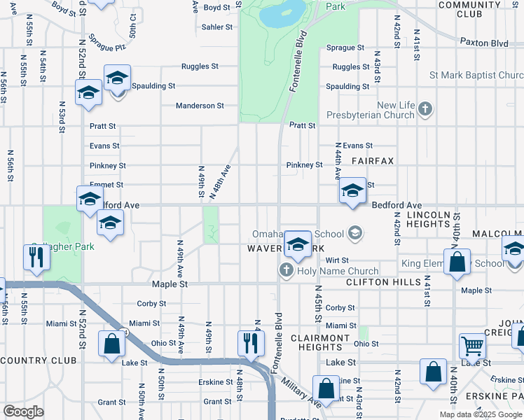 map of restaurants, bars, coffee shops, grocery stores, and more near 3155 North 47th Avenue in Omaha