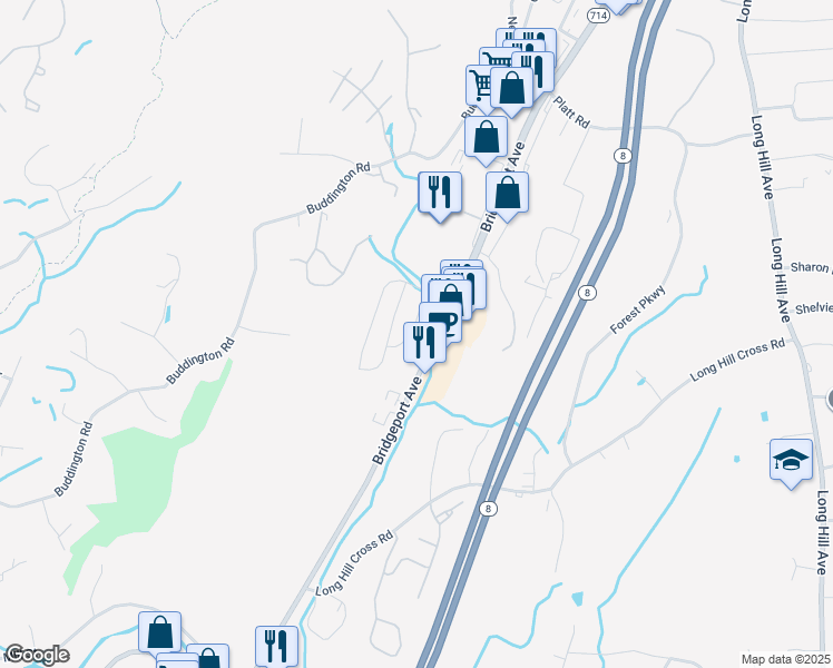 map of restaurants, bars, coffee shops, grocery stores, and more near 13 Woodland Park in Shelton